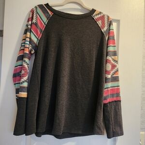 Hesed Trendy Charcoal Blouse with Colorful Patterned Sleeves Size M Euc